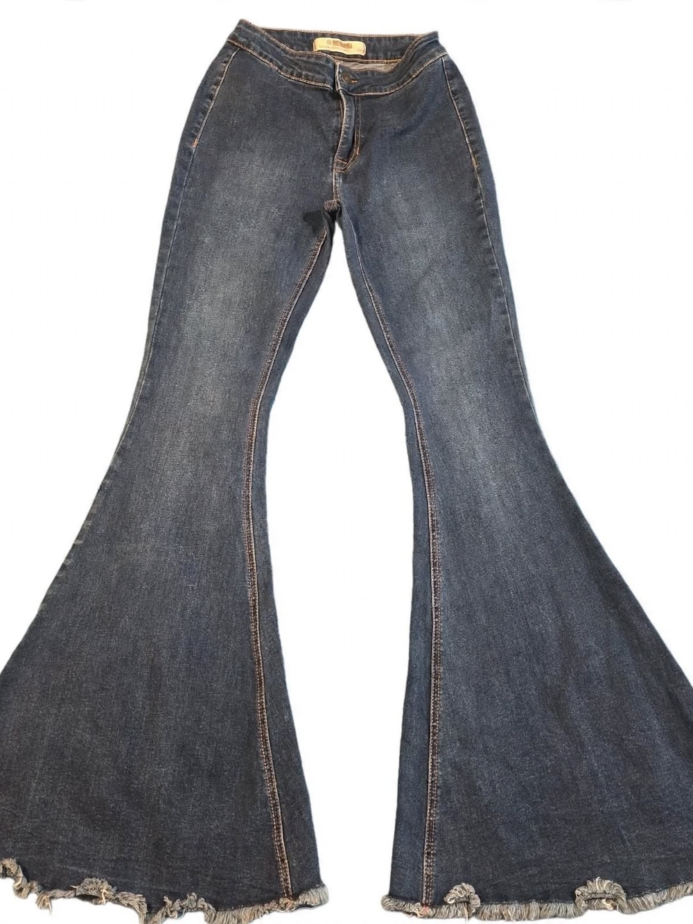 Rock & Roll Denim Women's Bargain Button Bell Flare Jeans 25x32 Dark Wash Raw Fr